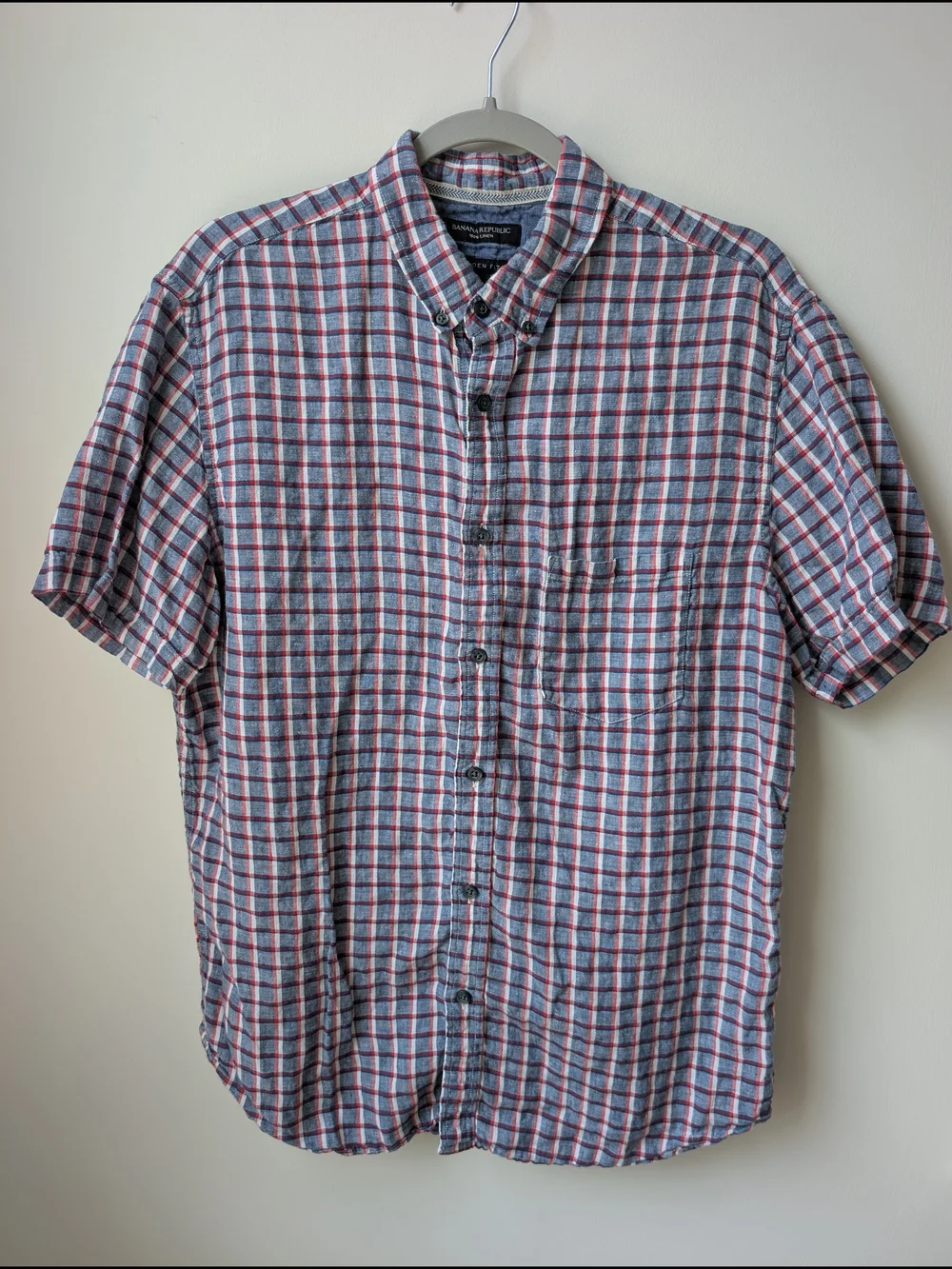 Banana Republic Linen Short Sleeve Shirt Mens L Blue Red White Plaid Camden Fit